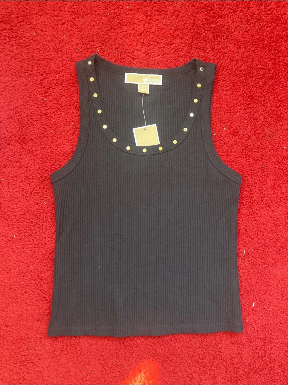 Michael Kors Black Ribbed Tank with Gold Stud Trim Women’s XS